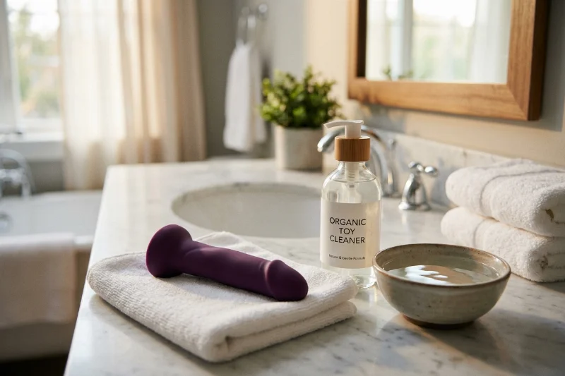 A latex dildo being cleaned and dried on a white towel with cleaning supplies nearby.