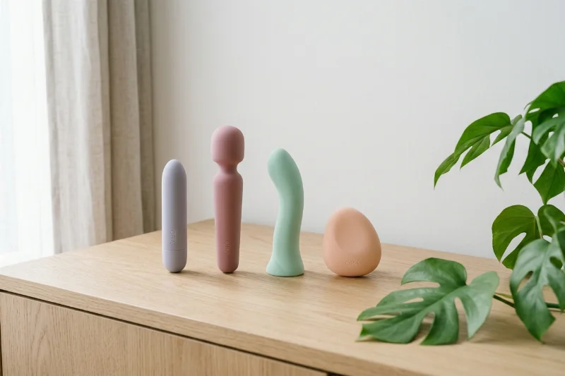 A collection of modern, high-quality silicone adult toys in a well-lit minimalist setting.
